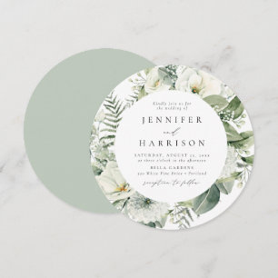 Invitación Flores Blancas Lujuriantes y Círculo de Boda de Ve