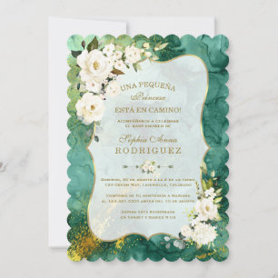 Invitación Flores blancas Malachite Gold Baby Shower español