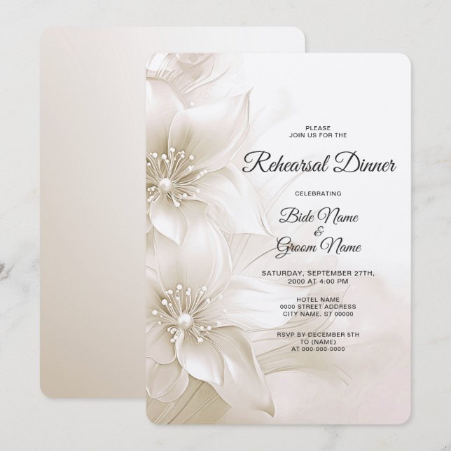Invitación Flores Blancas Marfil Elegantes Cena de Ensayo (Anverso / Reverso)