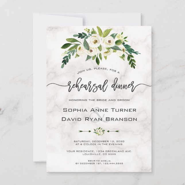Invitación Flores blancas Mármol para escritura a mano Ensayo (Anverso)
