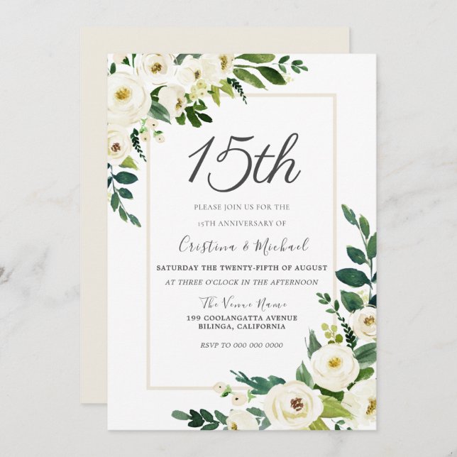 Invitación Flores Blancas Modernas 15º Aniversario de Boda (Anverso / Reverso)
