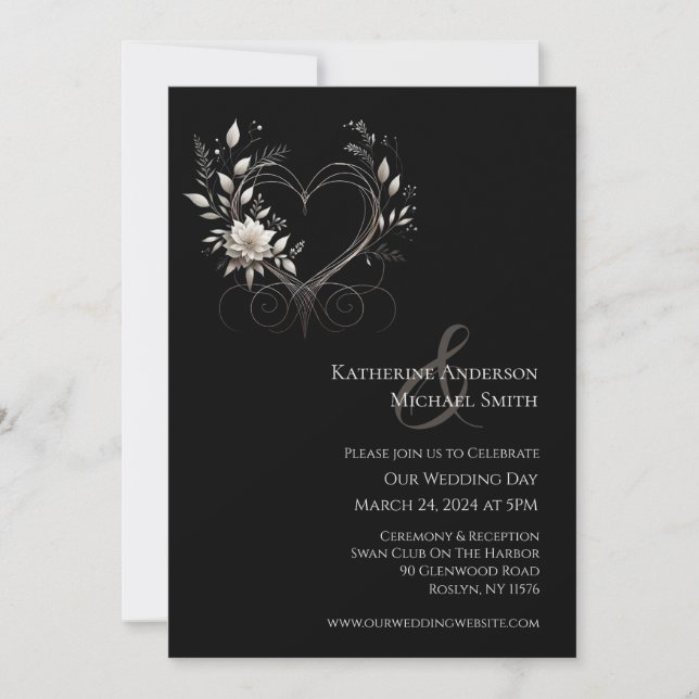 Invitación Flores blancas modernas con corazón (Anverso)