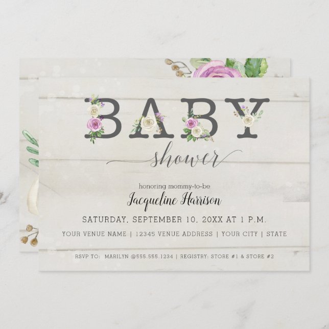 Invitación Flores blancas moradas en madera | Baby Shower chi (Anverso / Reverso)