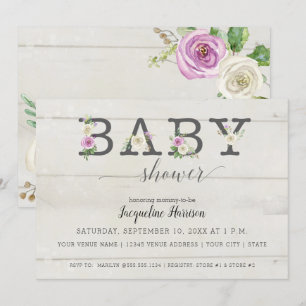 Invitación Flores blancas moradas en madera   Baby Shower chi