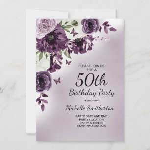 Invitación Flores Blancas Moradas Mariposas Cumpleaños 50