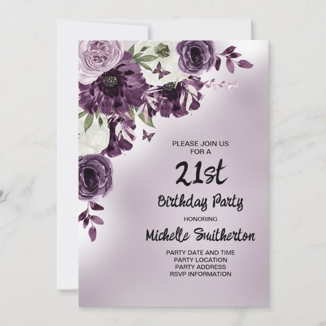 Invitación Flores Blancas Moradas Mariposas Mujeres 21  (Anverso)