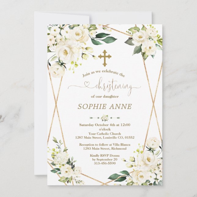 Invitación Flores blancas musicales Chica de oro Christening (Anverso)