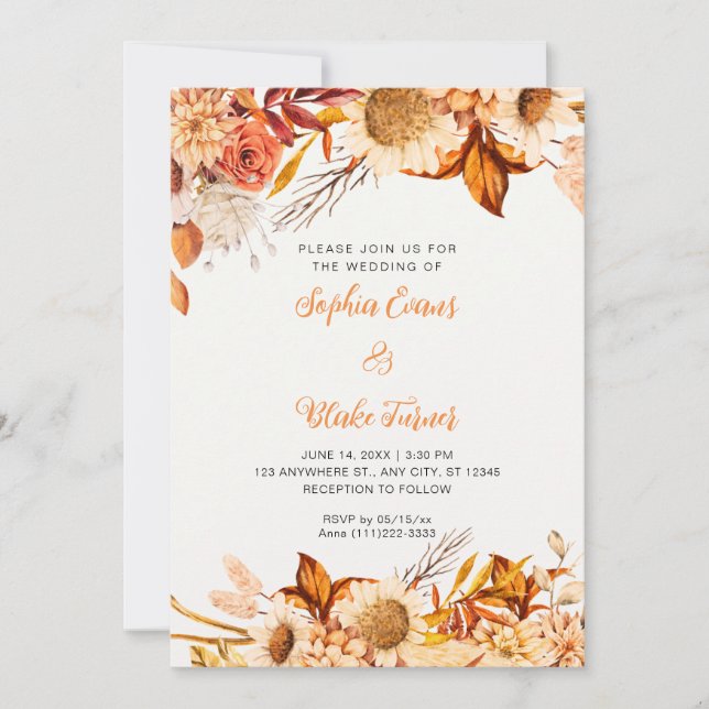 Invitación Flores Blancas Naranja Rústicas Boho Boda Fuera de (Anverso)