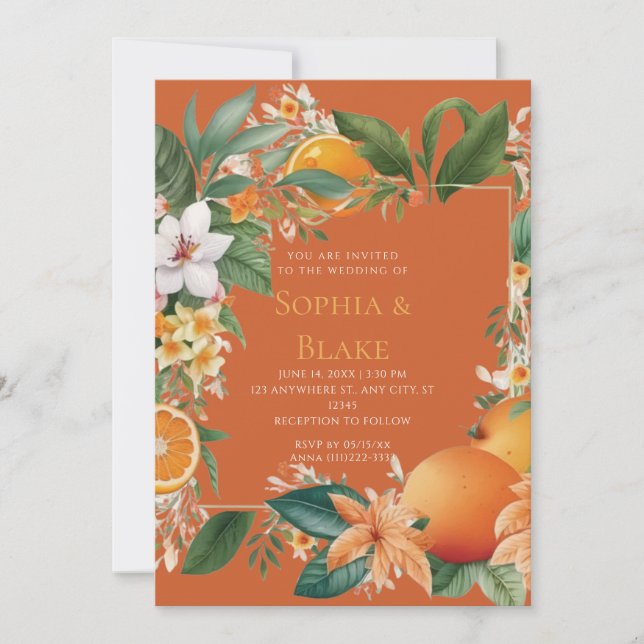 Invitación Flores blancas, Naranjas y Boda Naranja de la vege (Anverso)