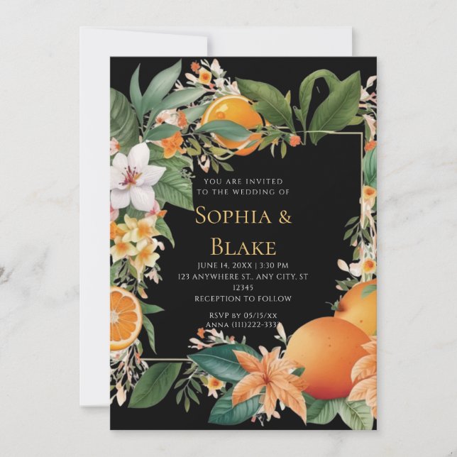 Invitación Flores blancas, Naranjas y Boda negro verde (Anverso)