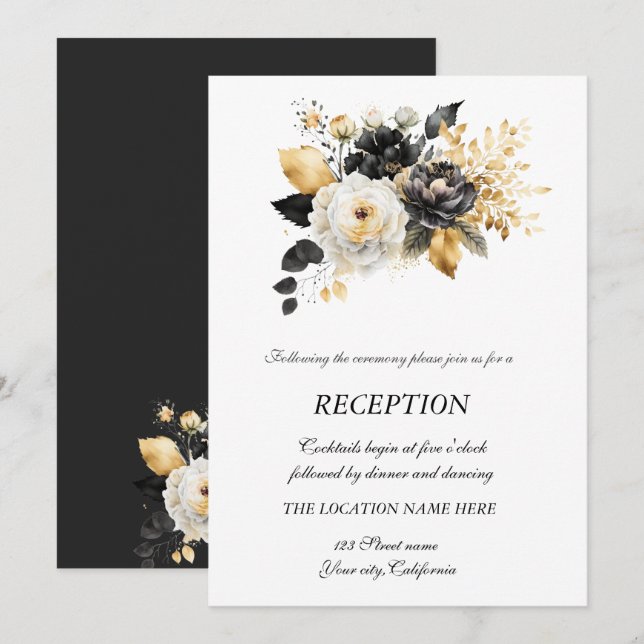 Invitación Flores Blancas Negras Doradas (Anverso / Reverso)