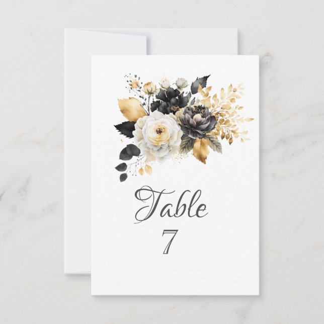 Invitación Flores Blancas Negras Doradas (Anverso)
