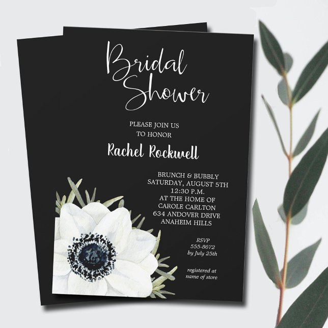 Invitación Flores blancas negras ducha de novia (Black White Flowers Bridal Shower Invitations - INSTANT DOWNLOAD and/or PRINTED)
