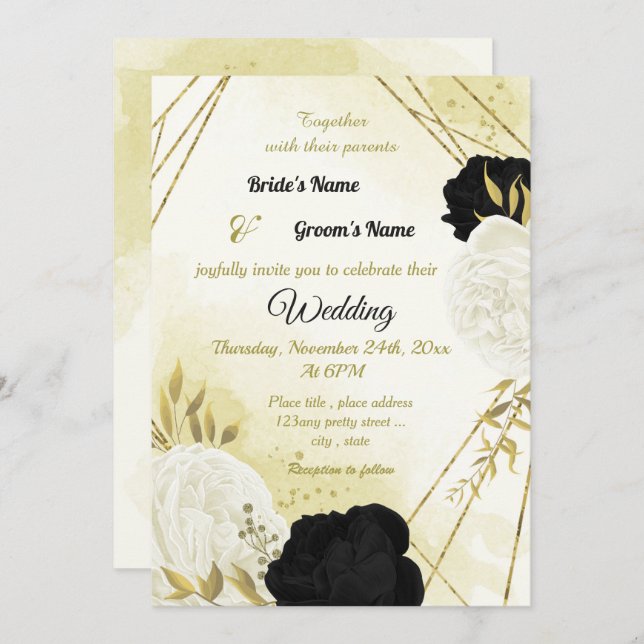 Invitación flores blancas negras hojas de oro boda (Anverso / Reverso)