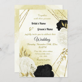 Invitación flores blancas negras hojas de oro boda