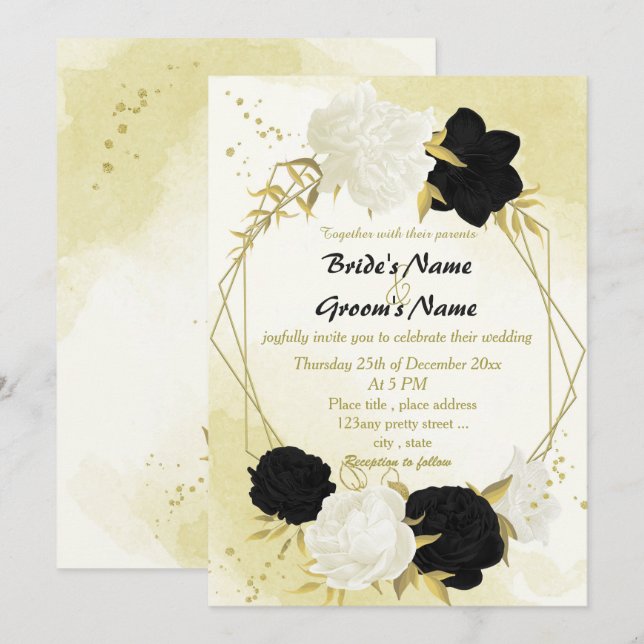 Invitación flores blancas negras hojas de oro boda (Anverso / Reverso)