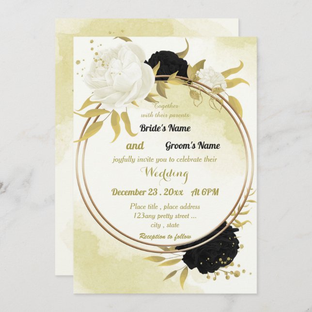 Invitación flores blancas negras hojas de oro boda (Anverso / Reverso)