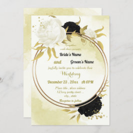 Invitación flores blancas negras hojas de oro boda