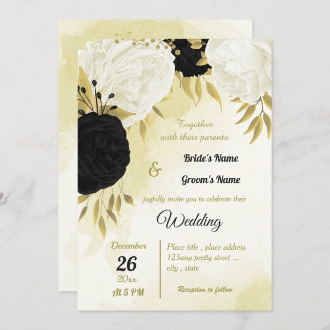 Invitación flores blancas negras hojas de oro boda (Anverso / Reverso)