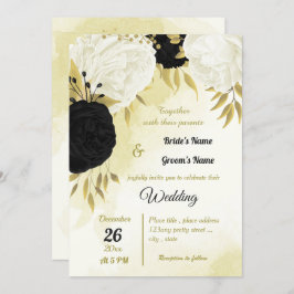 Invitación flores blancas negras hojas de oro boda