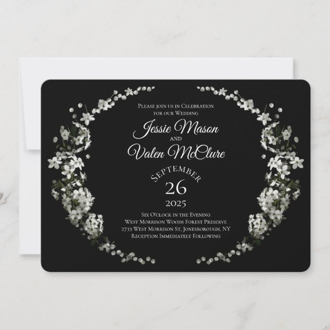 Invitación Flores blancas negras matrimonio elegante (Anverso)