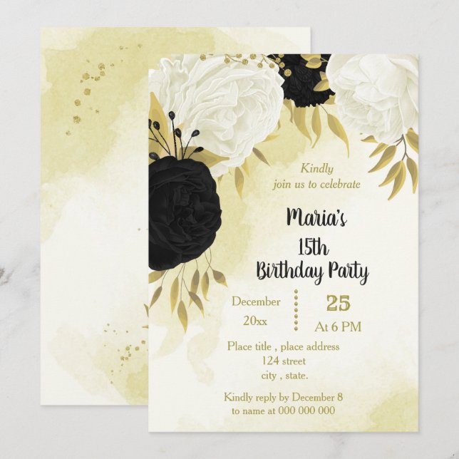 Invitación flores blancas negras oro cumpleaños (Anverso / Reverso)