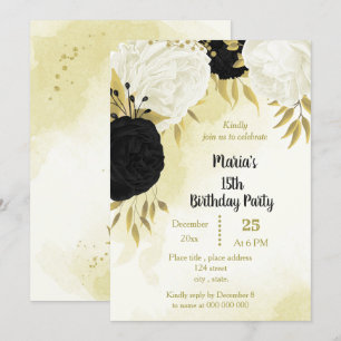 Invitación flores blancas negras oro cumpleaños