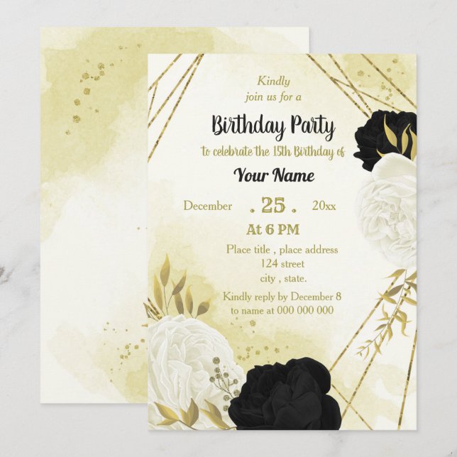 Invitación flores blancas negras oro cumpleaños (Anverso / Reverso)