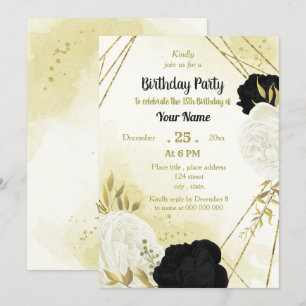 Invitación flores blancas negras oro cumpleaños