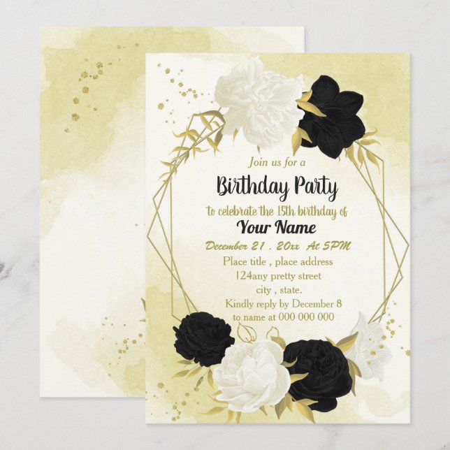 Invitación flores blancas negras oro cumpleaños (Anverso / Reverso)