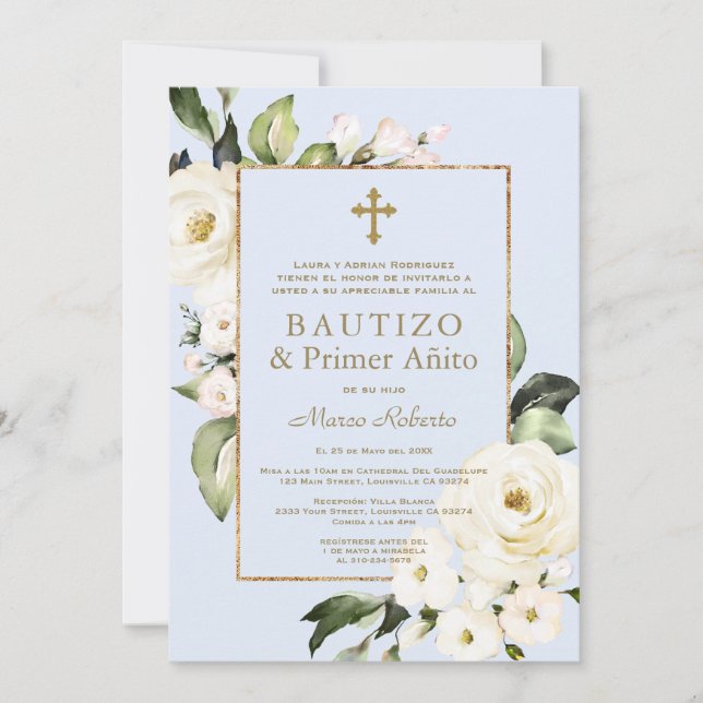 Invitación Flores Blancas Niño Español Primer Bautismo de Cum (Anverso)