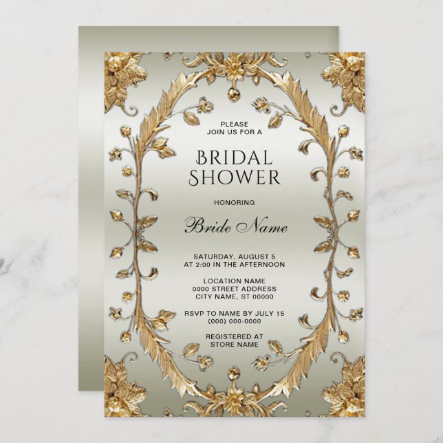 Invitación Flores blancas ornadas doradas ducha de novia (Anverso / Reverso)
