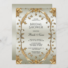Invitación Flores blancas ornadas doradas ducha de novia