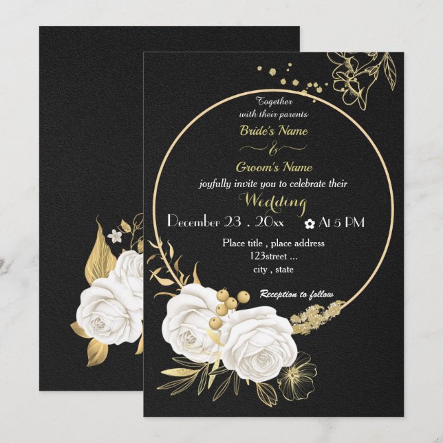 Invitación flores blancas oro corona boda negro (Anverso / Reverso)