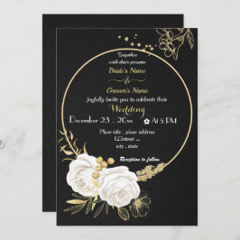 Invitación flores blancas oro corona boda negro