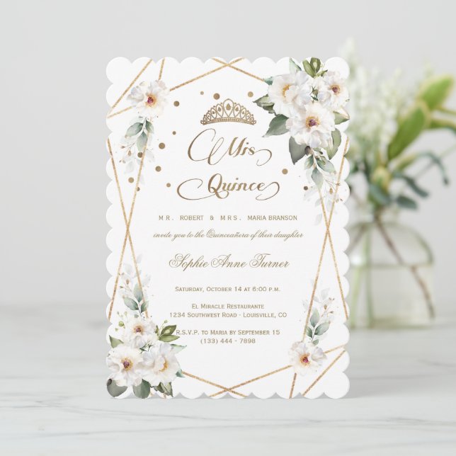 Invitación Flores Blancas Oro Mis Quince Quinceañera (Anverso de pie)