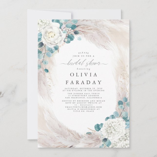 Invitación Flores Blancas Pampas Ducha de Novias Grass (Anverso)