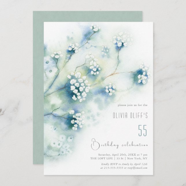 Invitación Flores blancas pequeñas cumpleaños cualquier edad (Anverso / Reverso)