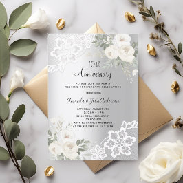 Invitación Flores blancas plateadas 10° aniversario boda