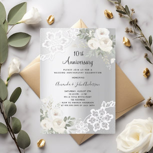 Invitación Flores blancas plateadas 10° aniversario boda