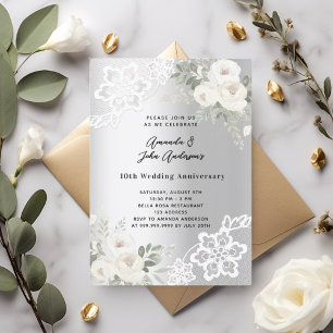 Invitación Flores blancas plateadas 10° aniversario boda