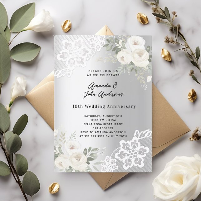 Invitación Flores blancas plateadas 10° aniversario boda (Subido por el creador)