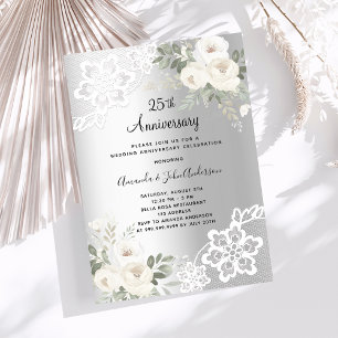 Invitación Flores blancas plateadas aniversario 25 bodas