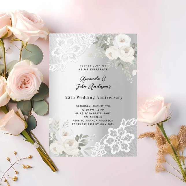 Invitación Flores blancas plateadas aniversario 25 bodas (Subido por el creador)