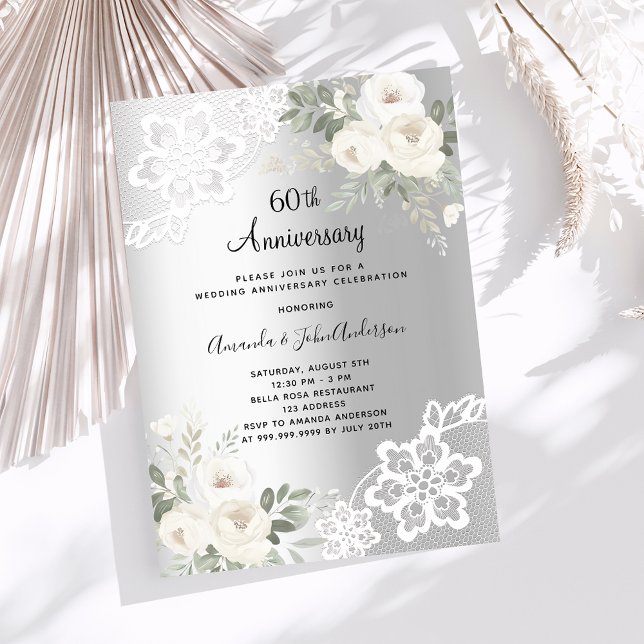 Invitación Flores blancas plateadas aniversario 60 boda (Subido por el creador)