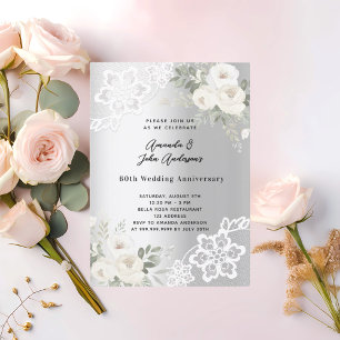 Invitación Flores blancas plateadas aniversario 60 boda