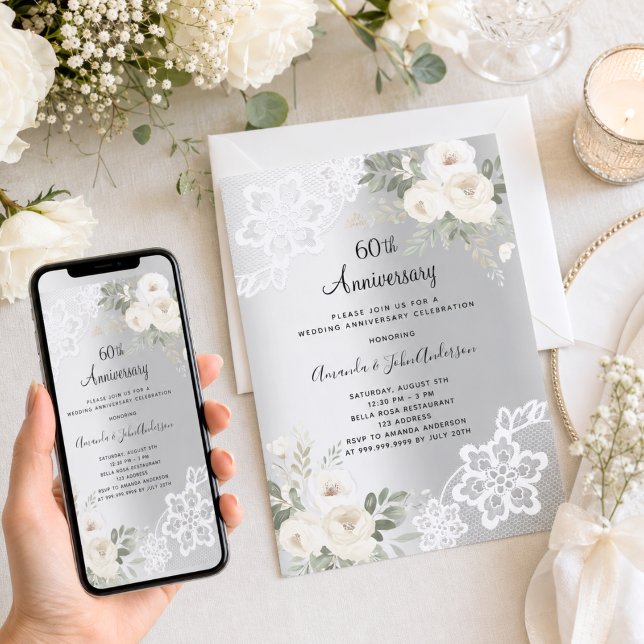 Invitación Flores blancas plateadas aniversario de bodas 60 (Subido por el creador)