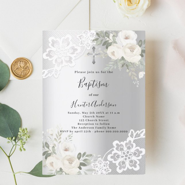 Invitación Flores blancas plateadas encaje Bautismo (Subido por el creador)