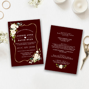 Invitación Flores blancas profundo borgoña todo en una boda