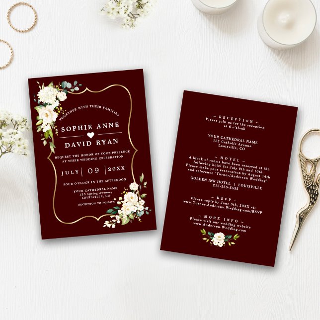 Invitación Flores blancas profundo borgoña todo en una boda   (Subido por el creador)